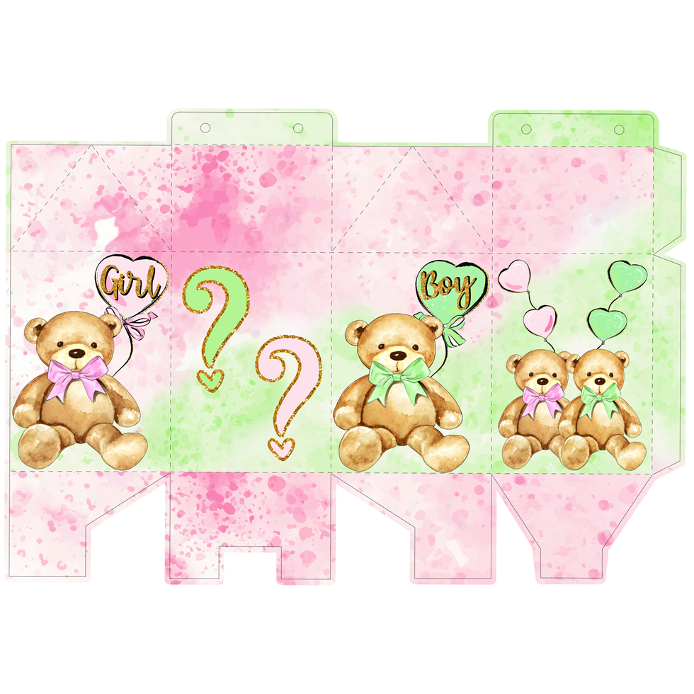 KIT 10 UND. CAIXINHAS PERSONALIZADAS (FOLHA COM ARTE IMPRESSA) TEMA CHÁ REVELAÇÃO URSINHO ROSA E VERDE