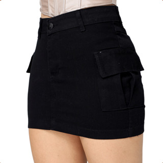 Saia Cargo Preta Feminina Cintura Alta Bolso Lateral Jeans