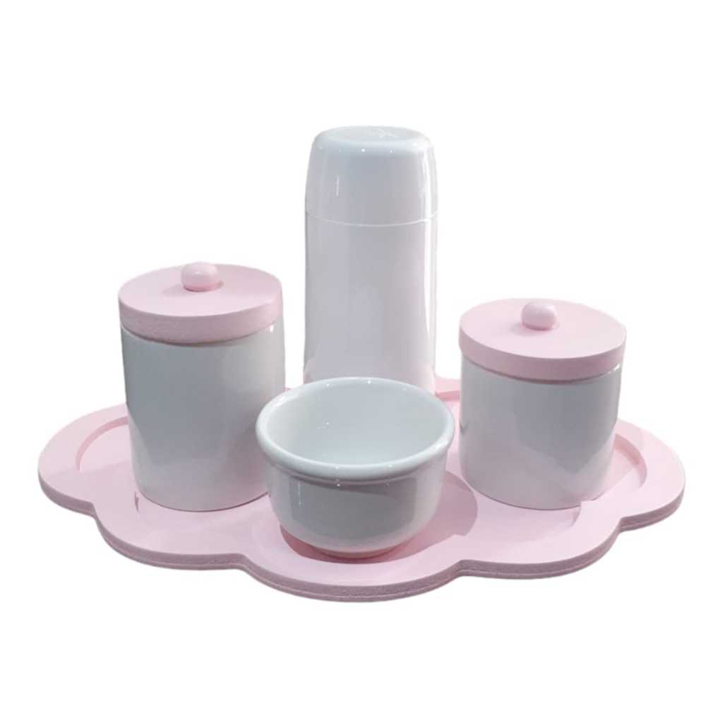 Kit Higiene Bebê porcelana branca tampa rosa bandeja nuvem rosa potes garrafa térmica molhadeira porta algodão cotonete