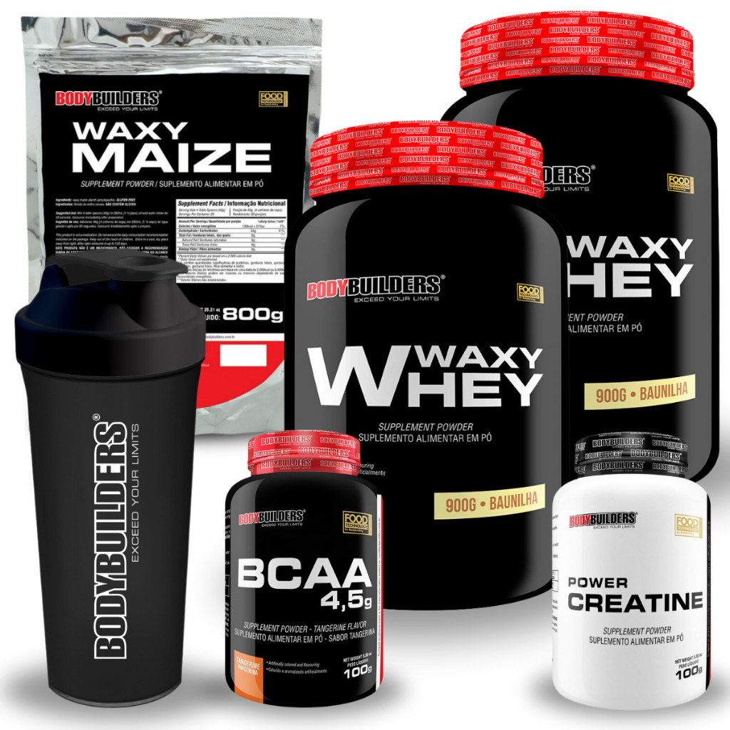 Kit 2x Waxy Whey 900g + BCAA 100g + Power Creatine 100g + Waxy Maize 800g + Coqueteleira - Bodybuilders