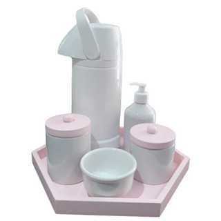 Kit higiene Bebê porcelana garrafa grande pressão potes tampa bandeja rosa saboneteira liquida completo menina maternidade porta algodão cotonete