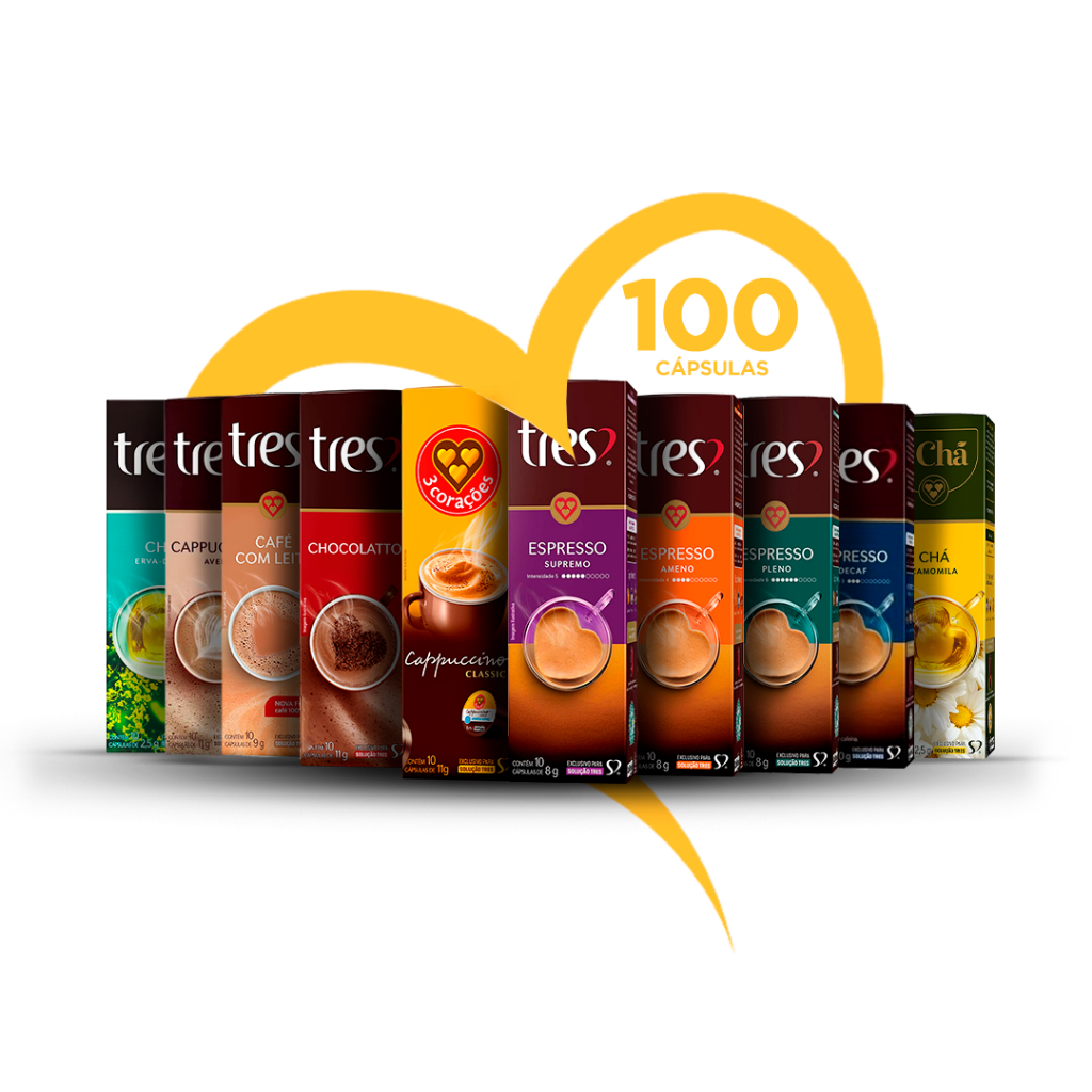 100 Cápsulas Três Coraçoes Cremosos Espressos Filtrados Chás Monte seu Kit