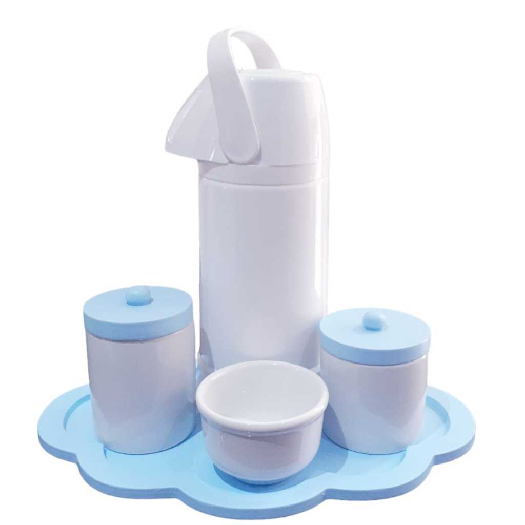 Kit Higiene Bebê menino tampa bandeja azul garrafa térmica grande pressão 1 litro potes maternidade porta algodão cotone