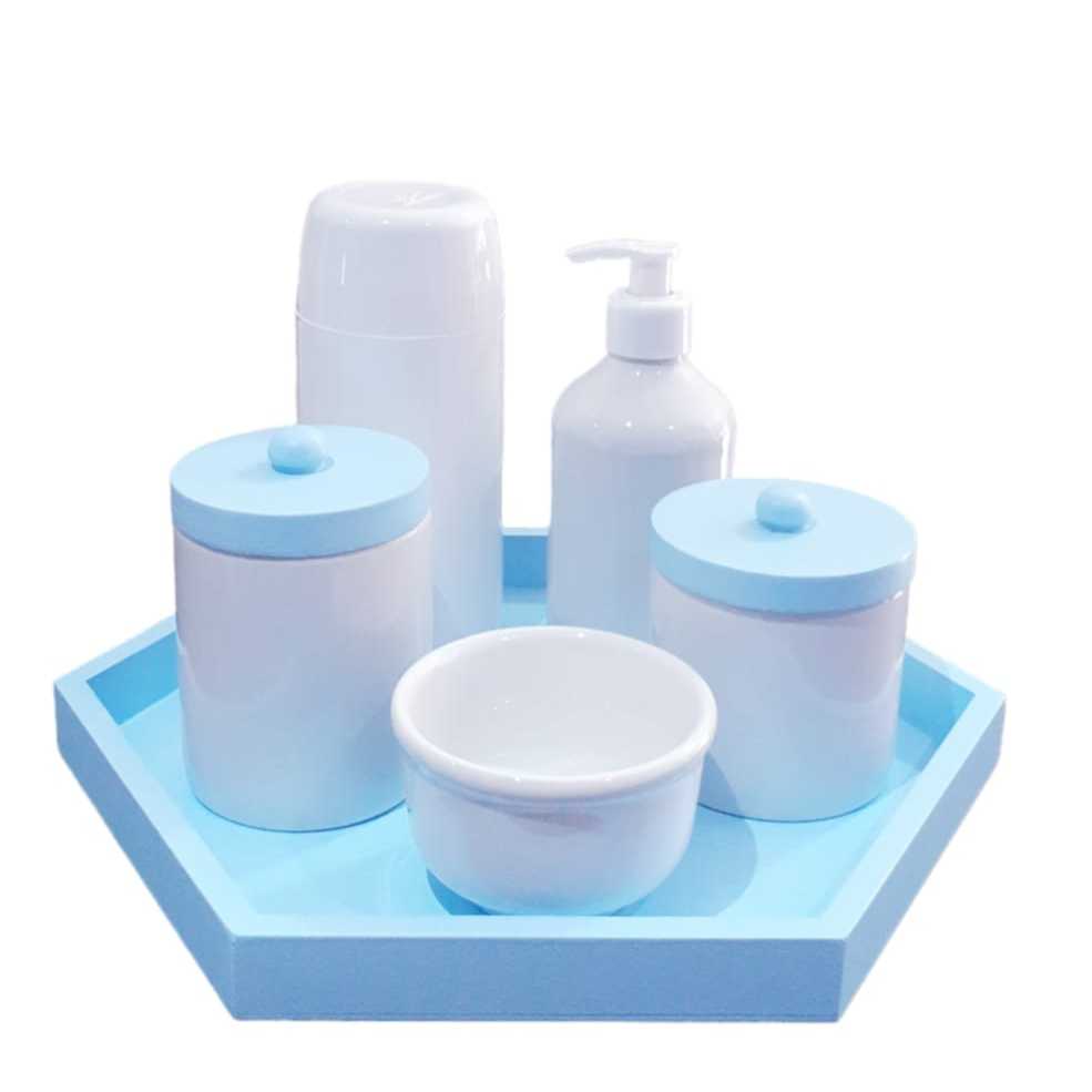 Kit Higiene Bebê porcelana menino maternidade bandeja tampa azul potes garrafinha térmica saboneteira liquida