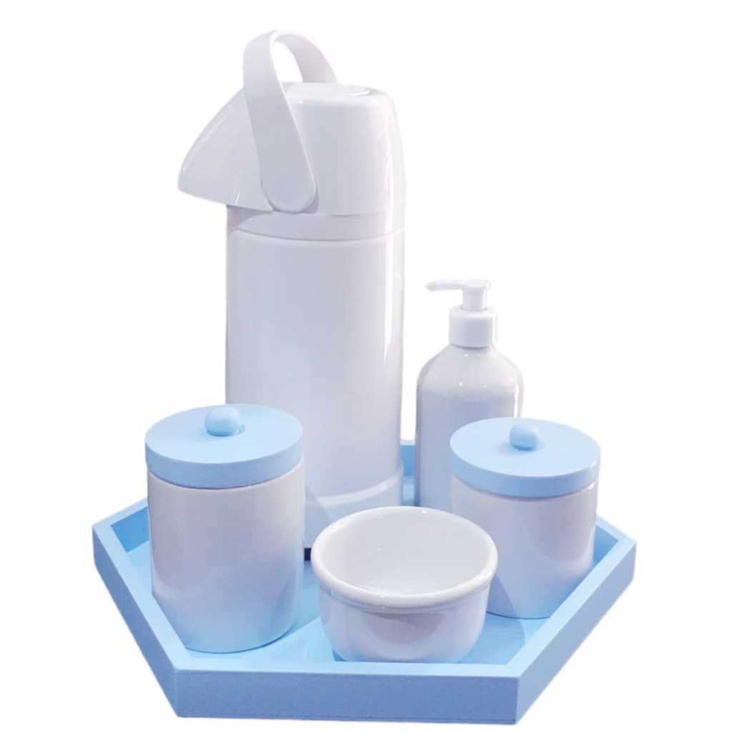 Kit higiene bebê porcelana completo menino tampa bandeja azul maternidade garrafa térmica 1 litro pressão potes saboneteira