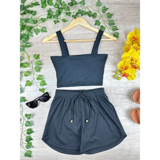 Conjunto Cropped Alcinha Canelada + Short Curto malha Canelada