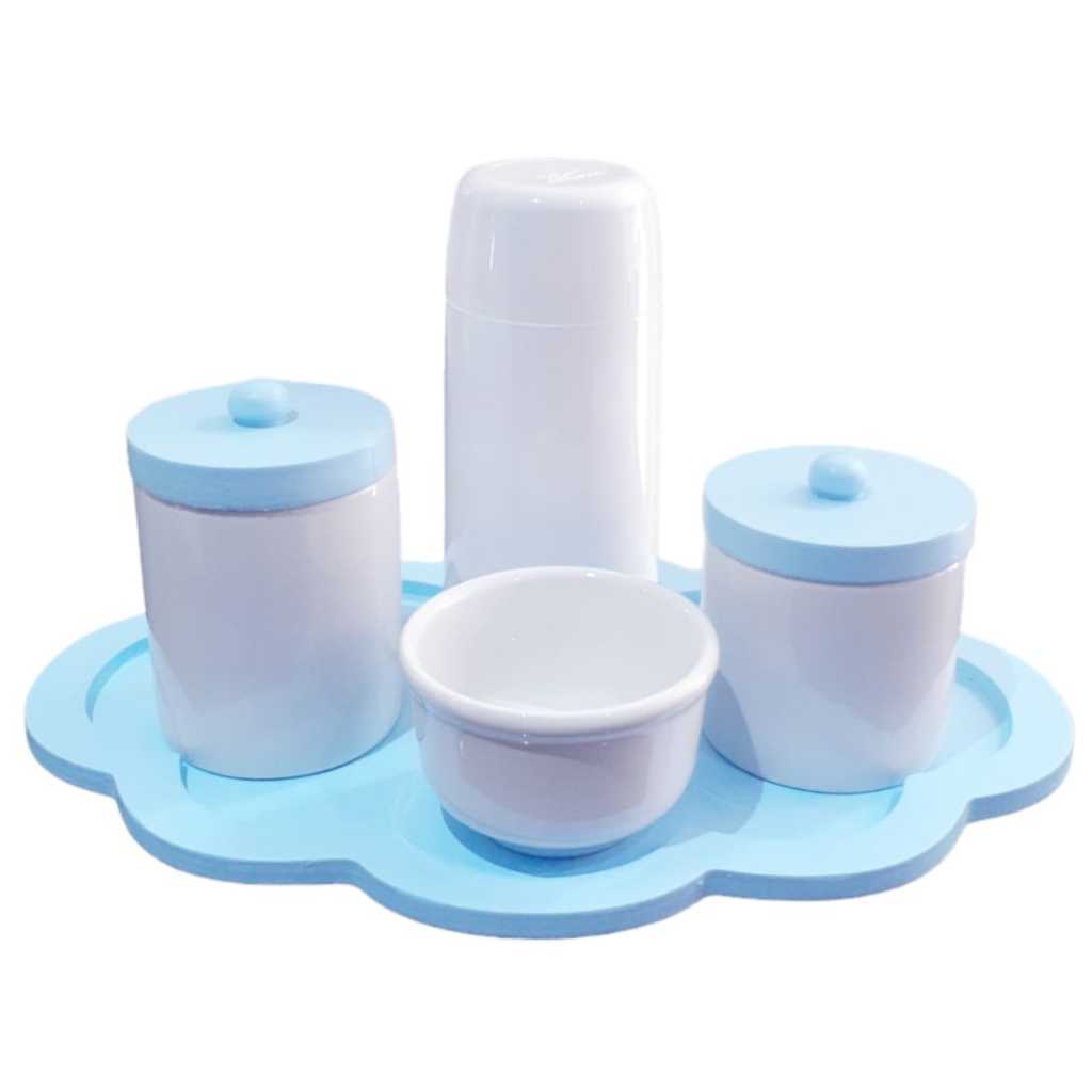 Kit Higiene Bebê porcelana garrafa térmica potes tampinha azul bandeja nuvem maternidade menino