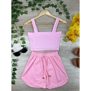 Conjunto Feminino Malha Canelada Cropped Com Short Moda Blogueira