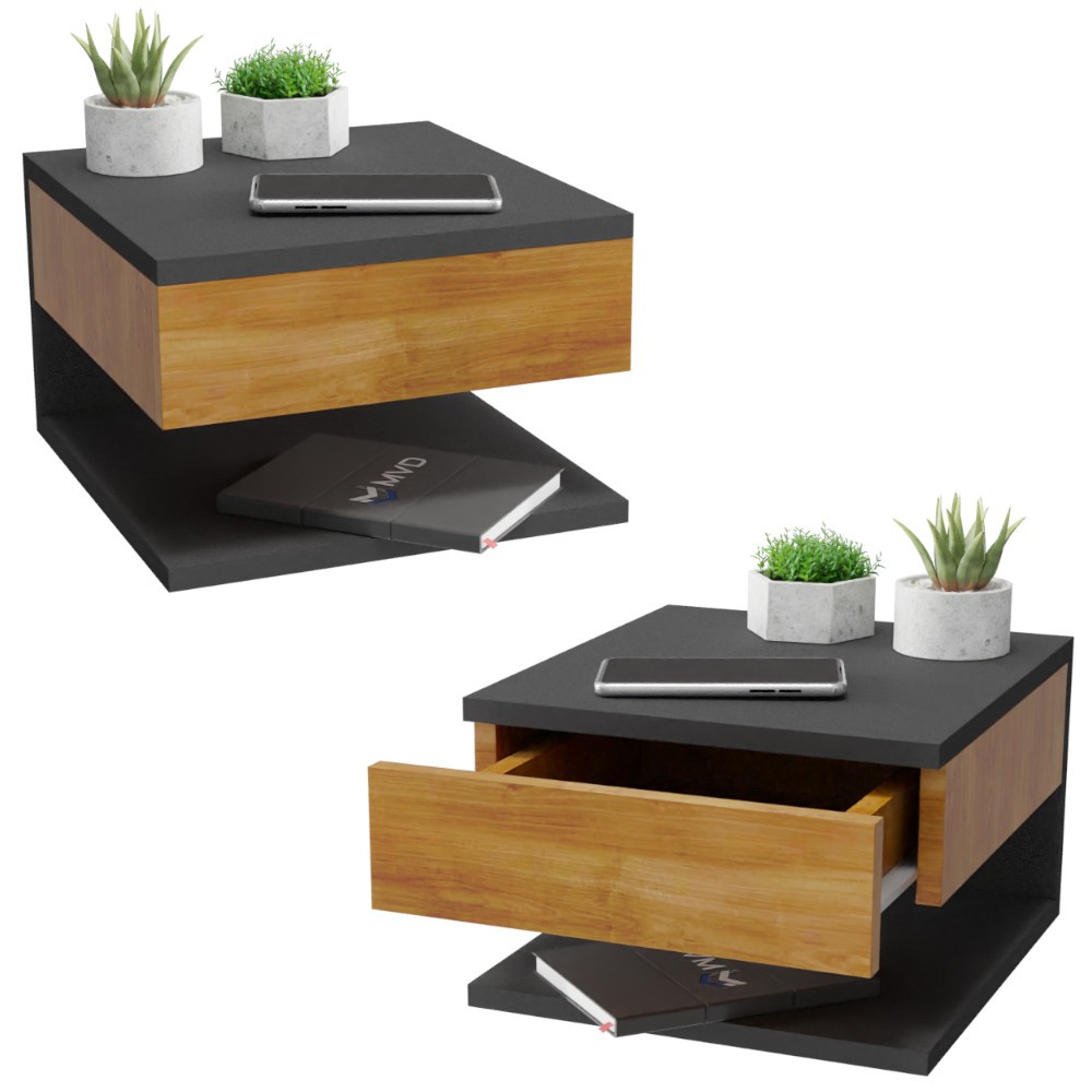 Kit 2 Mesa de Cabeceira Preto e Madeira Freijó Mesinha Suspensa com Gaveta e Prateleira MVD Moveis em Oferta na Shopee