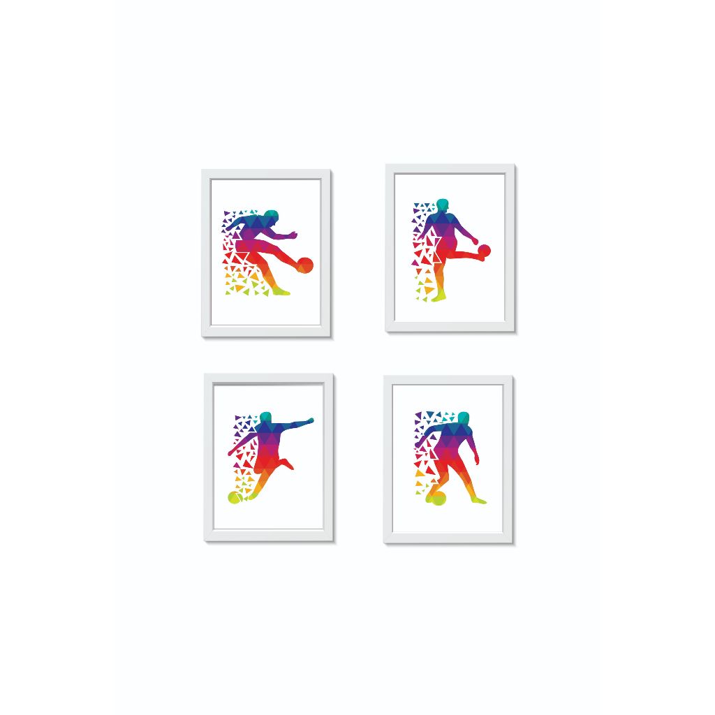 Kit 4 Quadros Decorativos Futebol Bola Chuteira Jogadores Decoração Esporte Molduras 20x30cm Madeira