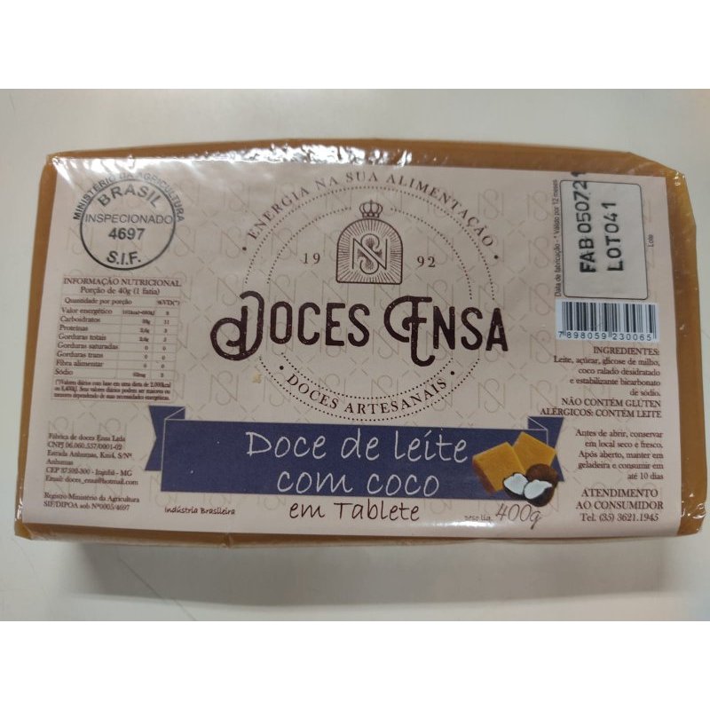 DOCE DE LEITE COM COCO EM TABLETE DOCES ENSA 400G