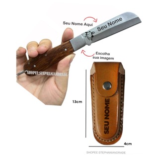 Canivete Inox Com Bainha De Couro Gravado Seu Nome em Oferta na Shopee