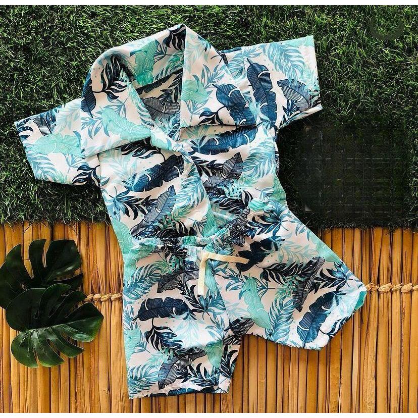 Kit Conjunto Mauricinho Infantil Short + Camisa Menino Mesversario Bebê Temático Masculino Blogueirinho Festa Havai