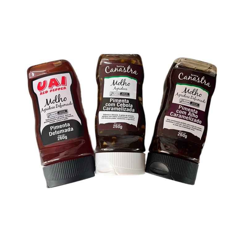 Kit 3 molhos/ geleias de pimenta agridoce (defumada, alho e cebola caramelizados)