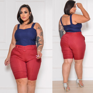 BERMUDA PLUS SIZE BENGALINE CINTO FAKE FIVELA FORRADA MODELA CORPO