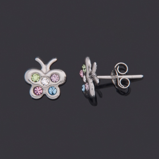 Brinco Borboletinha 8 mm Strass Colorido Aço Inox Hipoalergênico