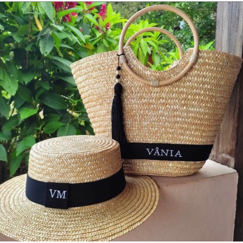 Bolsa grande de praia e chapéu personalizados para viagem férias ( Black friday).