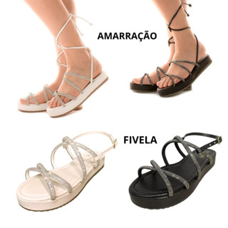 Sandália Feminina Papete Birken Plataforma Com Strass Rasteira Rasteirinha Confortável Ref. 30/19 e 30/33