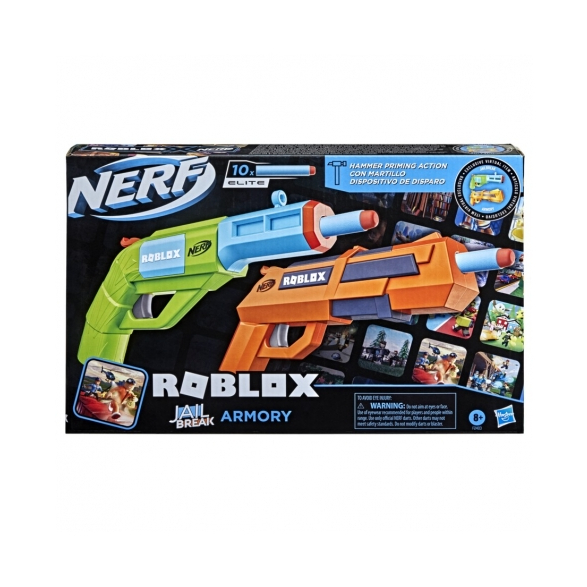 NERF Lança Dardos Roblox Jailbreak: Armory, Kit com 2 Lançadores e 10 Dardos Elite - F2483 - Hasbro, Cor: Verde, azul, laranja e cinza