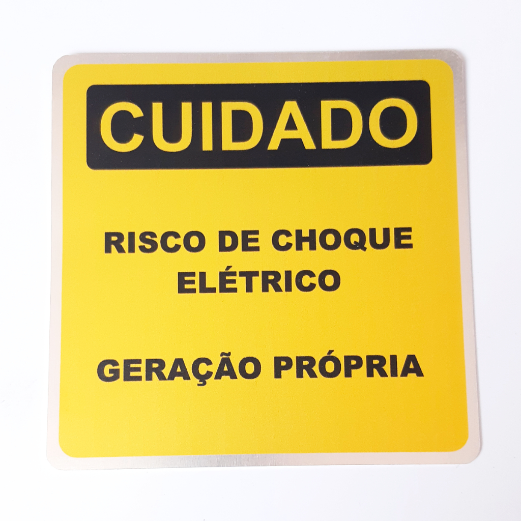 Placa de sinalização Cuidado Risco de Choque Elétrico Geração Própria 13x13cm CPFL
