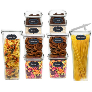 Kit de 10 Potes Hermético Acrílico com Trava Empilhável para Alimentos Dispensa Armário com Etiqueta e Caneta Giz