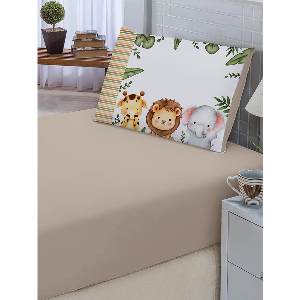 Jogo de Lençol 2 Peças Infantil -1 Lençol Liso Elásticado + 1 Fronha Estampas - SAFARI - Decoração