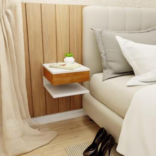 Mesa De Cabeceira Cor Branco E Madeira Freijó Mesinha Suspensa Com Gaveta e Prateleira MVD Móveis em Oferta na Shopee