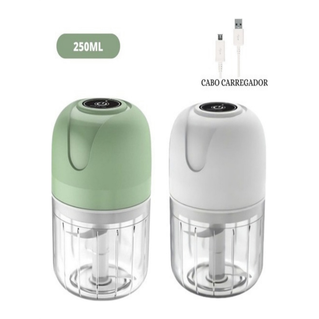 Mini Processador Potinho Acrílico Elétrico Moedor Carne Vegetais Alho Fruta Amendoim Recarregável USB 250ML