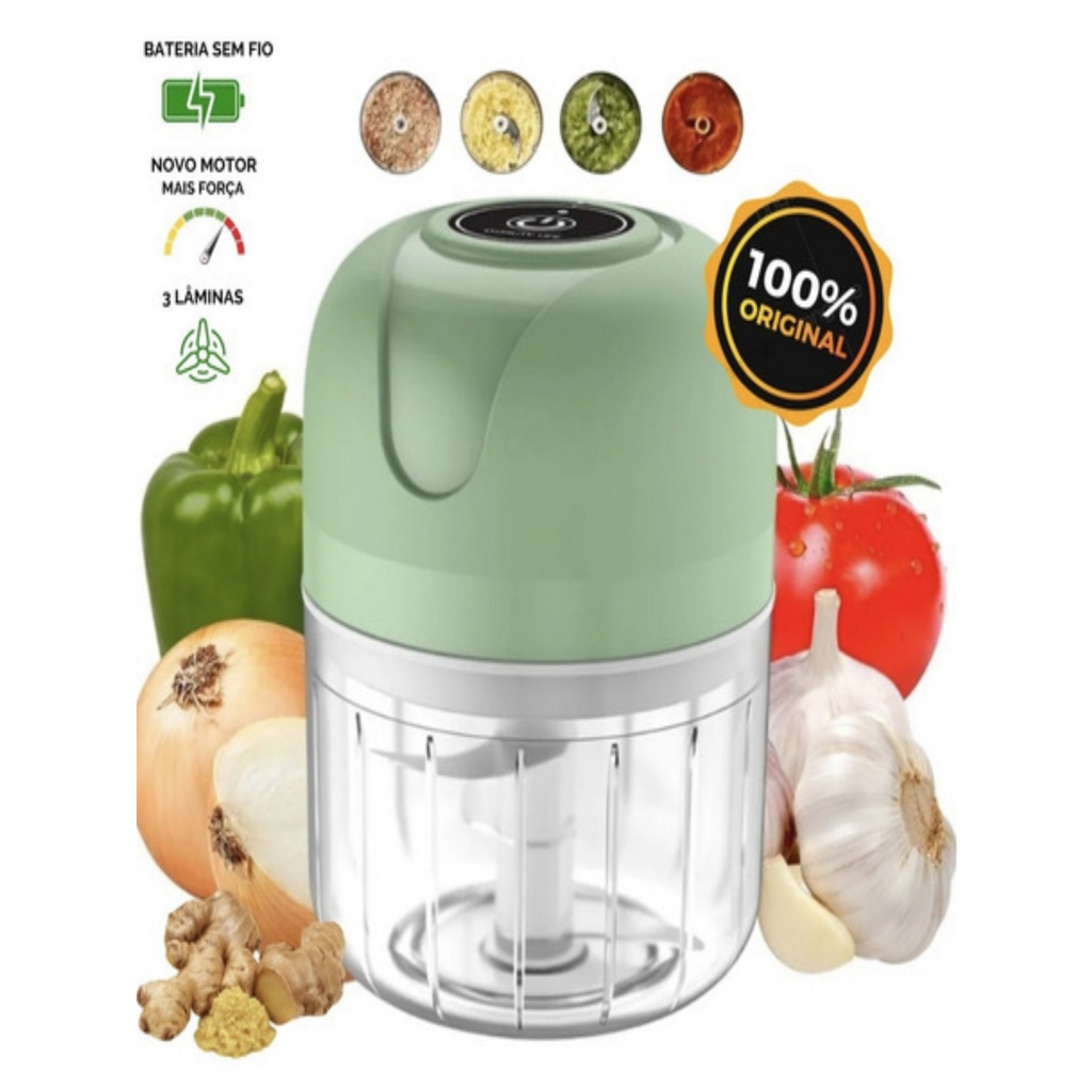 Mini Processador Potinho Acrílico Elétrico Moedor Carne Vegetais Alho Fruta Amendoim Recarregável USB 250ML