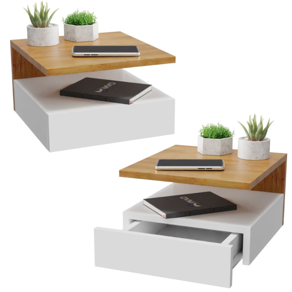 Kit 2 Mesa De Cabeceira Suspenso Mesinha Com Gaveta E Prateleira Branco E Freijo MVD Moveis em Oferta na Shopee