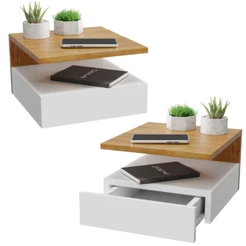 Kit 2 Mesa De Cabeceira Suspenso Mesinha Com Gaveta E Prateleira Branco E Freijo MVD Moveis