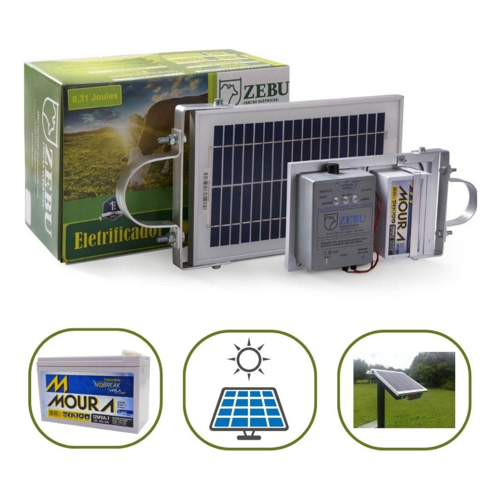 Eletrificador Solar Rural 12v C/ Bateria Zebu 35km Zs20bi Cerca Elétrica