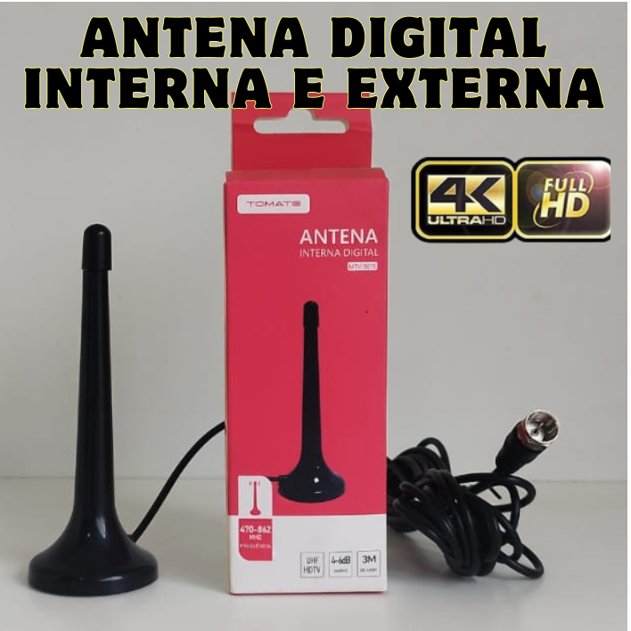 Antena Digital Tv Hd Interna e Externa 4k Portátil com Base Magnética HDTV UHF Analógico Digital Cabo Designer Moderno Ótimo Sinal/ antena digital Compatível com Qualquer Modelo de Tv e Conversor Digital