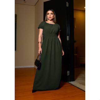 Vestido Pipoquinha Verde militar longo moda feminina tecido duna pipoca manga princesa estica veste até plus size EXG
