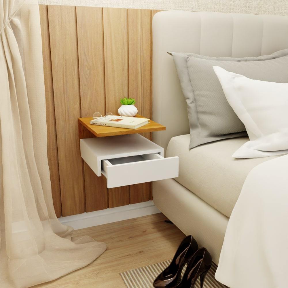 Mesa De Cabeceira Cor Branco E Madeira Freijó Mesinha Suspensa Com Gaveta e Prateleira MVD Móveis em Oferta na Shopee