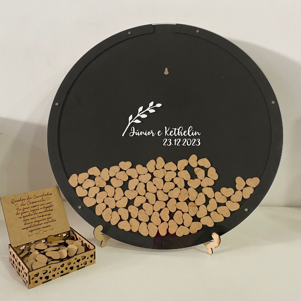 Quadro de Assinaturas Casamento Redondo Personalizado MDF com Corações Preto em Oferta na Shopee