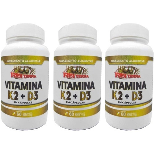 Kit 3 Unidades Vitaminas K2 Mk7 65mcg + Vitamina D3 Colecalciferol 5mcg Rei Terra 60 Capsulas 500mg