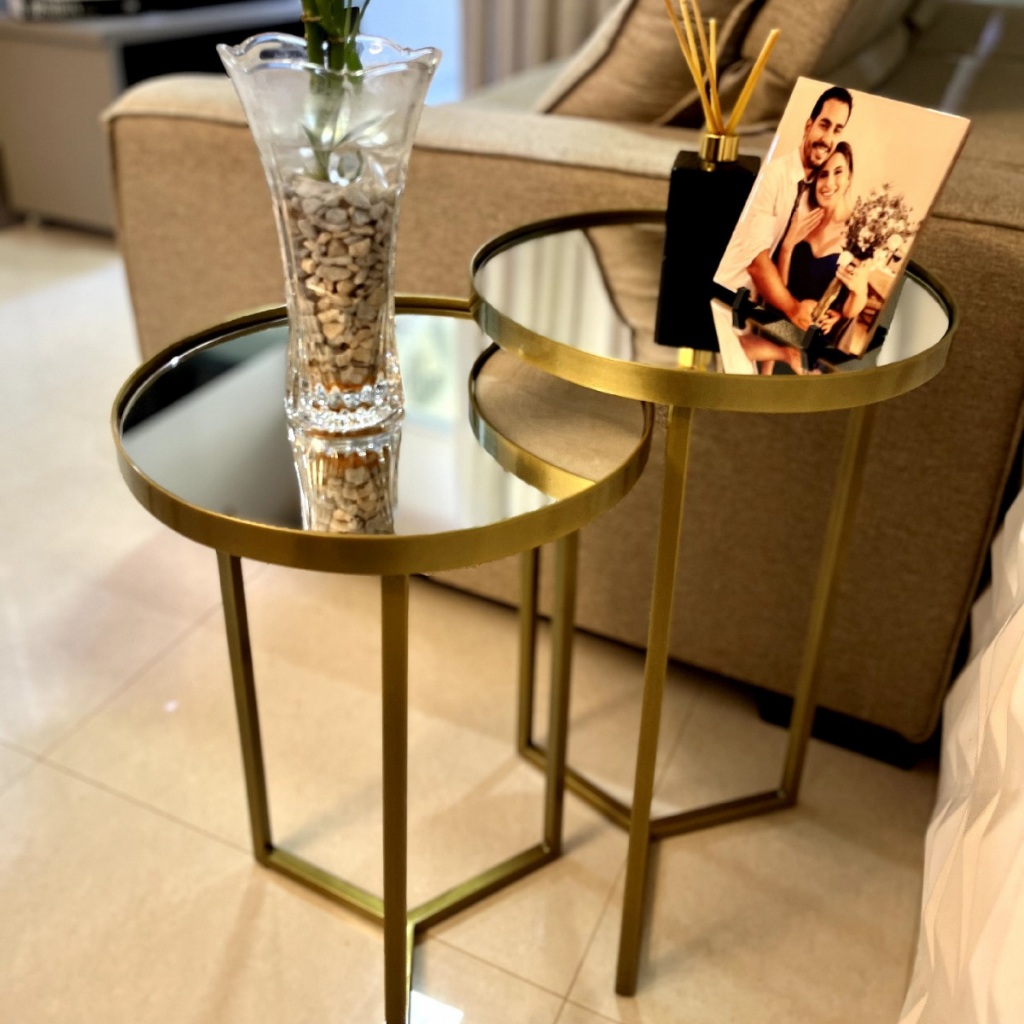 Conjunto de Mesa Lateral Aço Com Espelho Steel Glass Estilo Industrial - LH Móveis