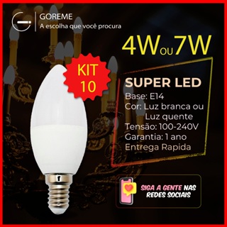 Kit 10 Lâmpadas LED Lustre Vela Fosca 4W/7W E14 Bivolt Branco Frio 6500K (Branca) ou Quente 3000K (Amarela) em Oferta na Shopee