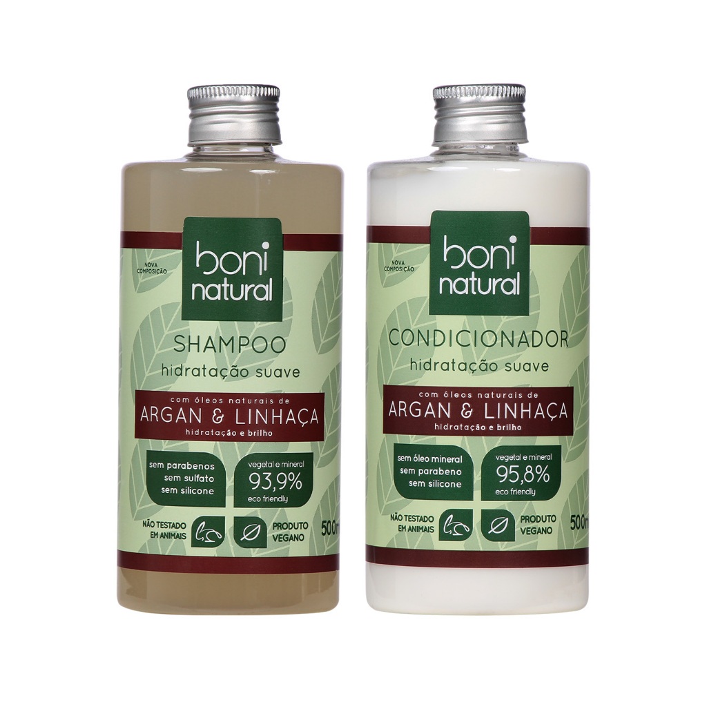 Kit 1 Shampoo Argan e Linhaça 500ml + 1 Condicionador Argan e Linhaça 500ml Boni Natural