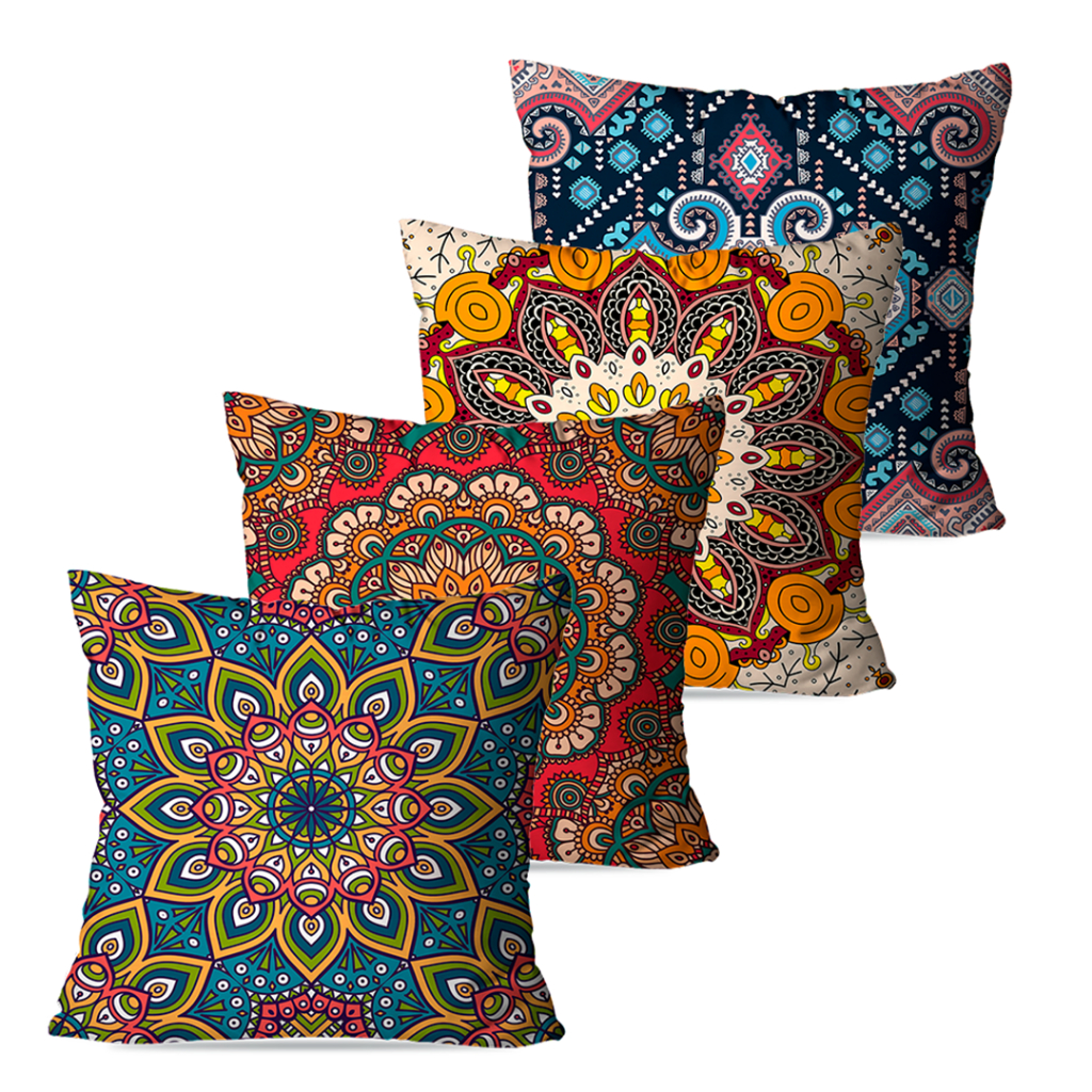 Imagem Kit 4 Capas de Almofada Decorativas Coloridas Mandalas Decoração 45X45 cm