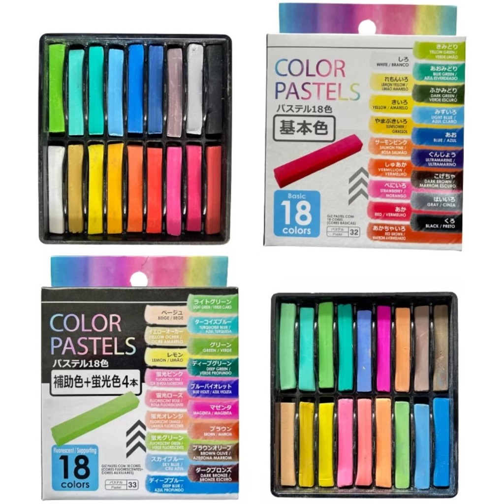 Giz Pastel Seco Cera Colorido Para Desenhos, Tecidos, Cabelo 18 Cores Básicas ou Fluorescentes