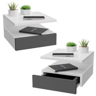 Kit 2 Mesa De Cabeceira Com Gaveta e Prateleira Mesinha Suspensa Branco e Preto MVD Moveis