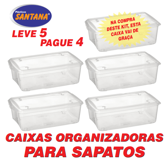 Kit 5 Caixas Organizadoras Para Sapatos Roupas multiuso Grande Portátil Transparente