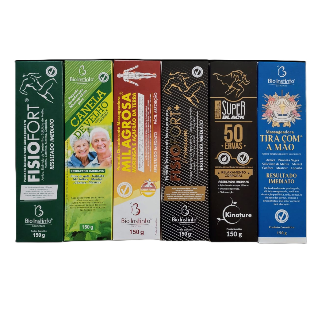 Kit com 6 Pomadas Massageadoras 150g Bio Instinto - Fisiofort - Canela de Velho - Milagrosa - Fisiofort+Premium - Super Black 50 Ervas - Tira Com a Mão em Oferta na Shopee