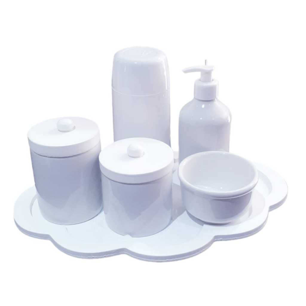 Kit higiene Bebê porcelana completo menina menino garrafa térmica saboneteira bandeja nuvem branca em Oferta na Shopee