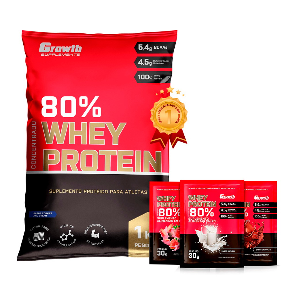 Whey Protein 80% Proteína Concentrado 1Kg Growth Suplementos Original - WPC - Whey Protein Concentrado - Vários sabores + 3x Sachês Whey Protein Sortidos