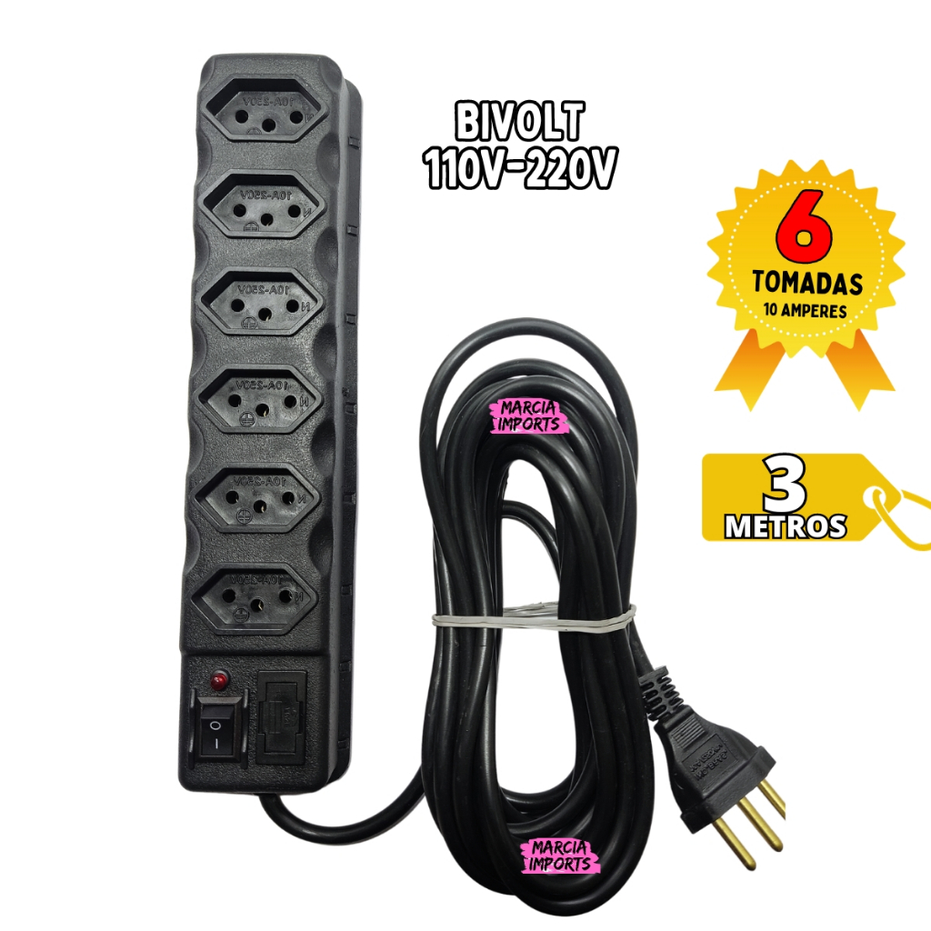 Filtro de Linha RÉGUA DE TOMADAS 6 TOMADAS tripolar 10 Amperes 3 METROS com fusível Pronta Entrega Filtro de Linha RÉGUA DE TOMADAS 6 TOMADAS tripolar 10 Amperes 3 METROS com fusível Pronta Entrega