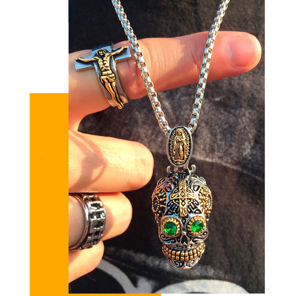 Corrente Colar Pingente Caveira Mexicana Aço Inoxidável Tribal Banha a Ouro 18k Crânio Green Eyes Tattoo