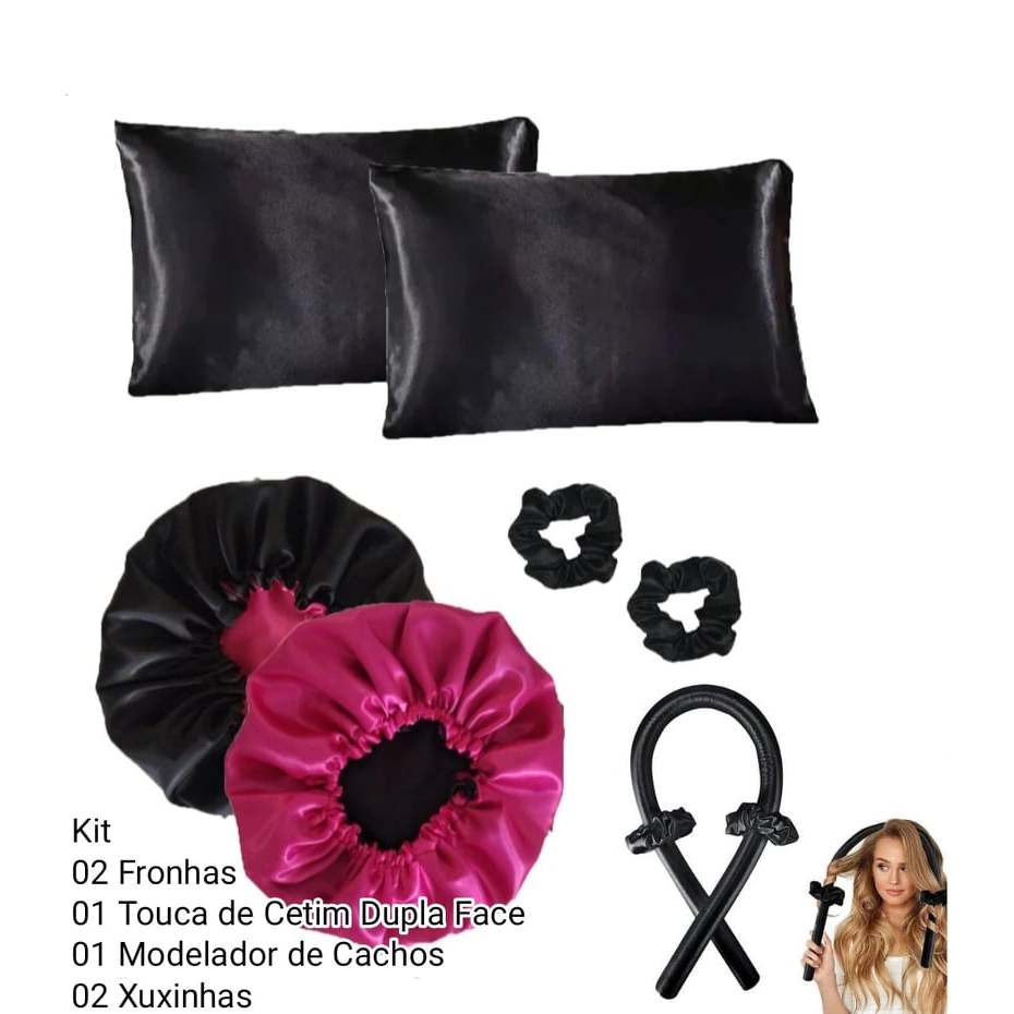 Combo Cetim Preto 02 Fronhas Casal + 01 Touca de Cetim Dourado Dupla face + 01 Modelador de Cachos + 2 Xuxinhas - n2